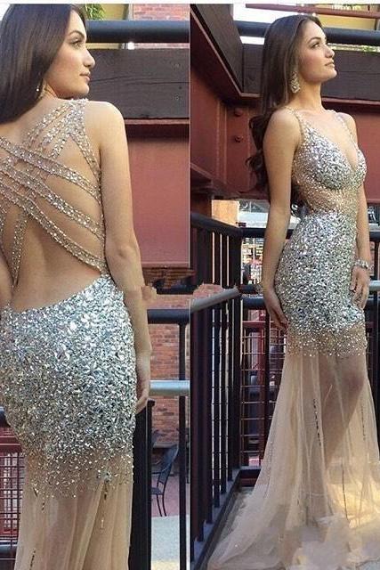 Stunning Silver Rhinestone Crystal Beaded Evening Dresses Luxury Champagne See Through Sexy Backless Prom Gowns 2018 Women Pageant Gowns