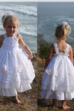 Super Cute White Little Lovely Flower Girls Dresses Spaghetti With Handmade Flower Lace Applique Girls Pageant Dress Custom Made Party Gown