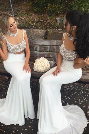 Latest White Chiffon Sheer Neckline Two Piece Prom Dresses Mermaid Modest Pearl Beaded Illusion Back Long Party Gowns