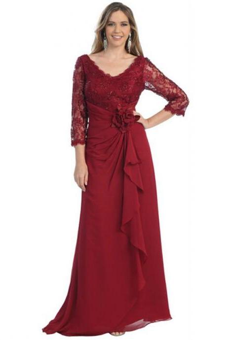 Most Inspired Burgundy Lace Chiffon Mother Of The Bride Dresses Evening Wear With 3/4 Sleeves Draped Plus Size Women Wedding Party Dress