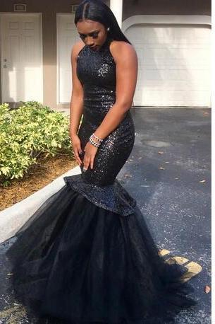Gorgeous Black Girls Mermaid Prom Dresses Sequins Tiered Tulle High-Neck Sleeveless Black Sexy Formal Evening Dress Party Gowns Pageant