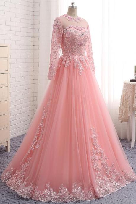 New Evening Dresses Luxury O Neck Pink Tulle Appliques A Line Evening Gowns Long Sleeve Beaded Zipper Back Prom Dresses