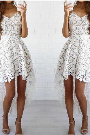 White High Low Homecoming Dresses With Straps Lace Short Prom Dresses For Homecoming Party Gowns Custom Made
