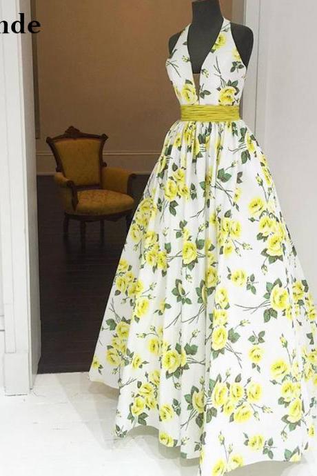 Backless Floral Printed Homecoming Dress Long Halter V Neck Pattern Taffeta Evening Gown A Line