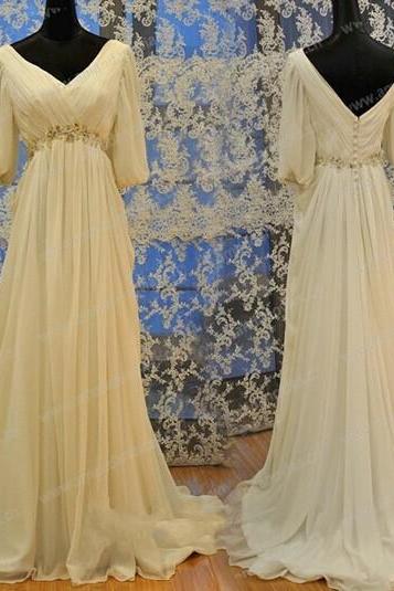 Fast Shipping A Line Wedding Dresses vestidoos de noiva Empire Waist Chiffon Half Sleeves Real Photos