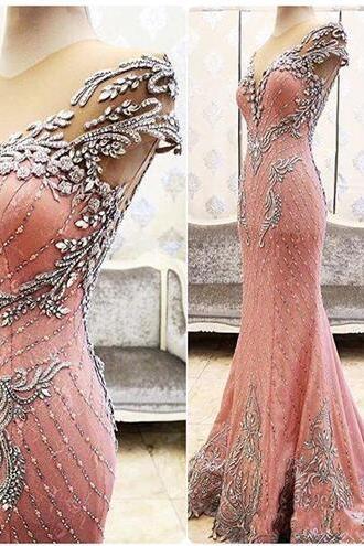 Gorgeous Beaded Crystals Mermaid Formal Evening Dresses Sheer Neck Cap Sleeves 2018 Custom Made Pink Prom Occasion Wears Pageant Party Gowns