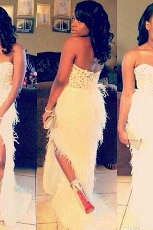 Long Beaded Feather Black Girl Prom Dresses Sweetheart Rhinestone Side Split Backless Formal Evening Gowns Custom Made