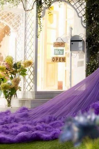 Colorful Purple Cathedral Wedding Dresses for Women 2018 One Shoulder Purple Ruffled Tulle Beaded Corset Bridal Gowns with Lace up Custom Made