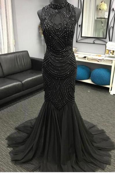 Luxury Bling Sparkle Mermaid Prom Dress, Black With Pearls Prom Dresses, High Neck Evening Dress, Long Prom Dresses