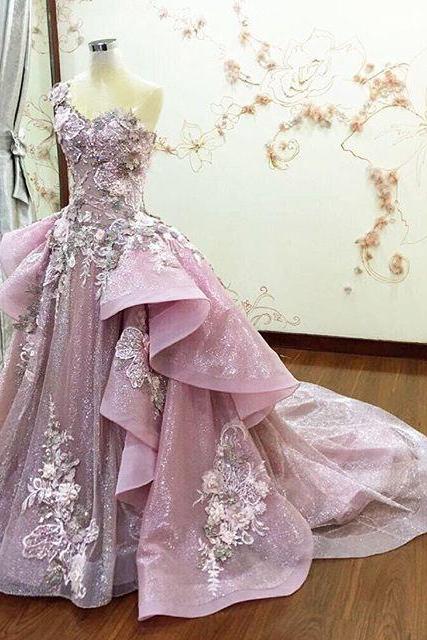 Real Image Prom Dresses Detachable Train Sheer Neck Ruffle Flower Applique Beads Evening Dress Spring Summer Crystal Luxury Pink Party Gowns