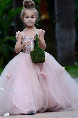 Pink Tulle Ball Gown Flower Girl Dresses For Weddings Long kids prom dresses 