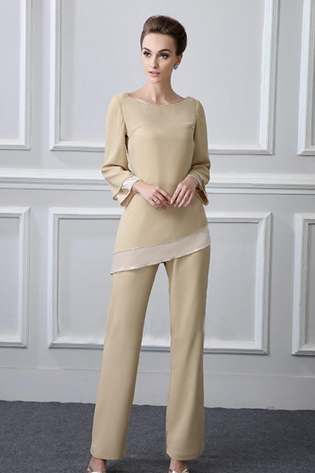 Champagne Mother Of The Bride Pants Suit Beads Two Pieces Jewel Neckline Cheap Mothers Formal Outfit Long Sleeve Pantsuits