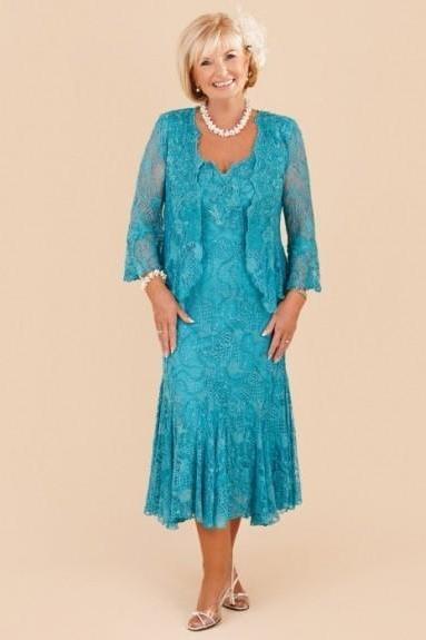 New Elegant Turquoise Plus Size Mother of the Bride Lace Dresses 2018 Tea Length Wedding Party Gowns De Los Vestidos De Novia Madrinha