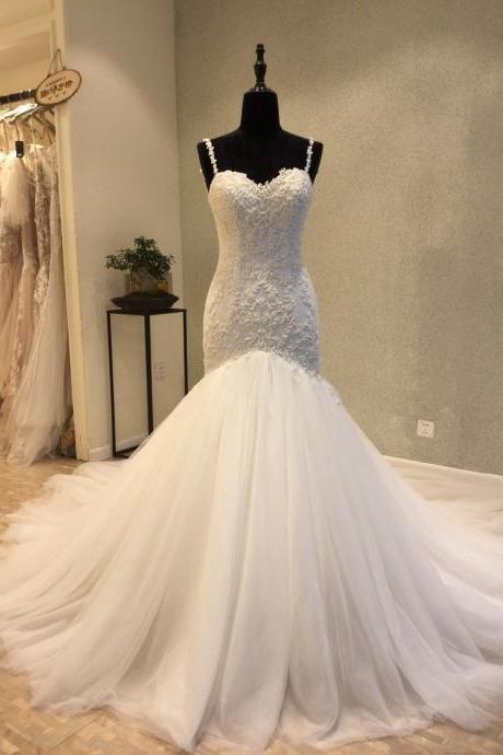 Mermaid Wedding Dress, Sexy Backless Wedding Dresses. Spaghetti Straps Bridal Dress, Tulle Long Bridal Gown