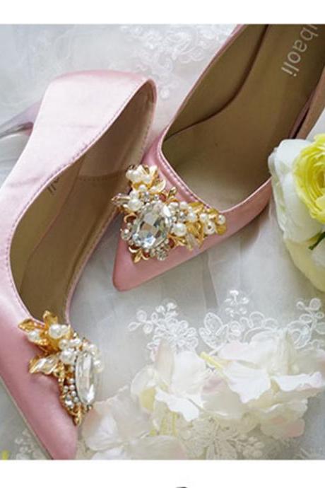 Pointed Toe Stiletto Satin Pumps Adorned with Pearls and Rhinestone Crystal Beading , Bridal Shoes, Bridesmaids Shoes, Prom Heels 