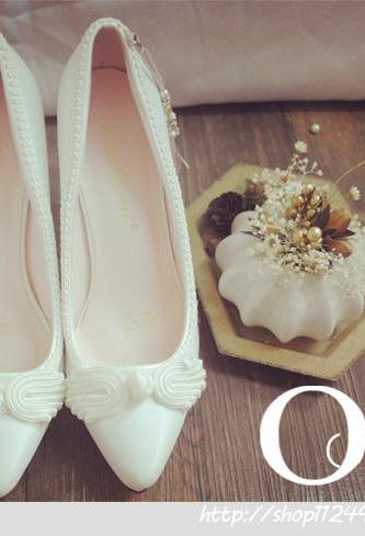 Pointed Toe High Heel Pumps Adorned Applique with Pearl Tassel , Bridal Shoes, Bridesmaids Shoes, Prom Heels