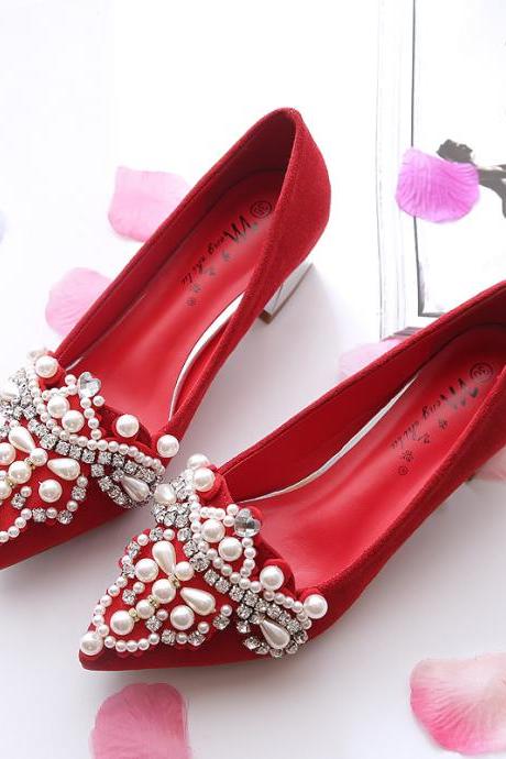  Pointed Toe Low Heel Pumps Adorned with Pearls and Rhinestones , Bridal Shoes, Bridesmaids Shoes, Prom Heels 