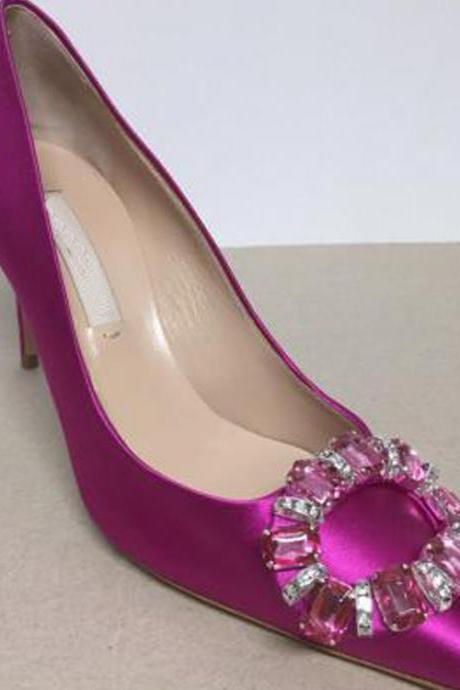 Pointed Toe Satin High Heel Pumps with Circular Crystal Buckle , Bridal Shoes, Bridesmaids Shoes, Prom Heels
