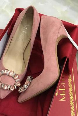 Pointed Toe Suede Stiletto Pumps with Circular Crystal Buckle , Bridal Shoes, Bridesmaids Shoes, Prom Heels