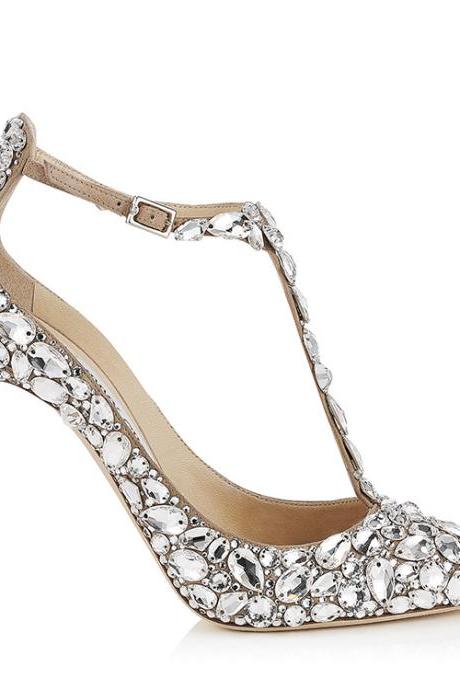 Pointed Toe T-Strap High Heel Pumps Adorned with Crystal Beadings, Bridal Shoes, Bridesmaids Shoes, Prom Heels
