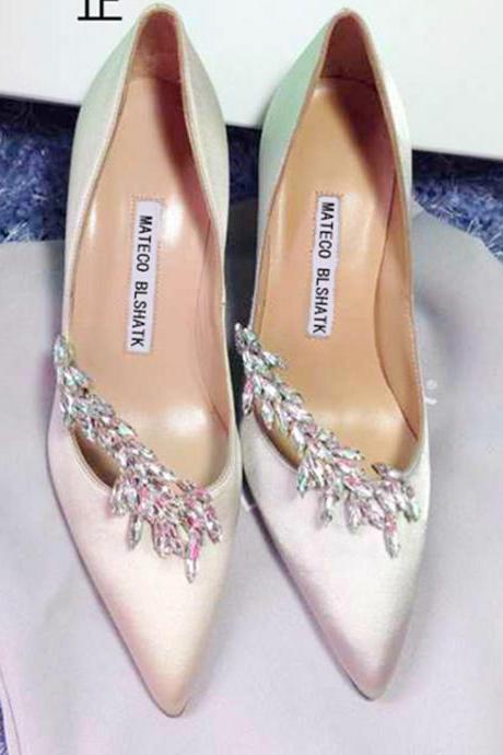 Pointed Toe High Heel Satin Pumps Adorned with Crystal Beaded Florals, Bridal Shoes, Bridesmaids Shoes, Prom Heels