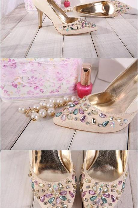 Pointed Toe High Heel Pumps Adorned with Multi-Colour Crystal Embellishments, Bridal Shoes, Prom Heels
