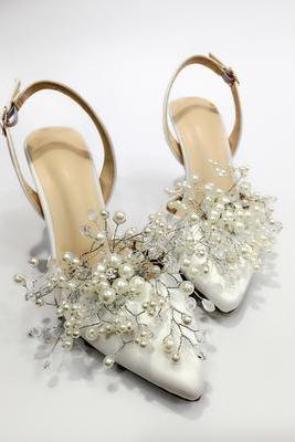 White Pointed Toe Slingback Pumps Featuring Pearl and Crystal Branch Embellishments , Bridal Shoes, Prom Heels