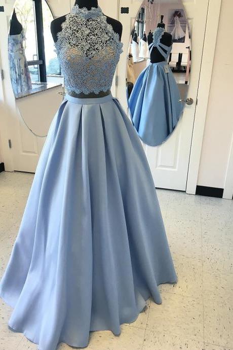 Two Piece Sky Blue Prom Dress, 2018 Two Piece Sky Blue Long Prom Dress