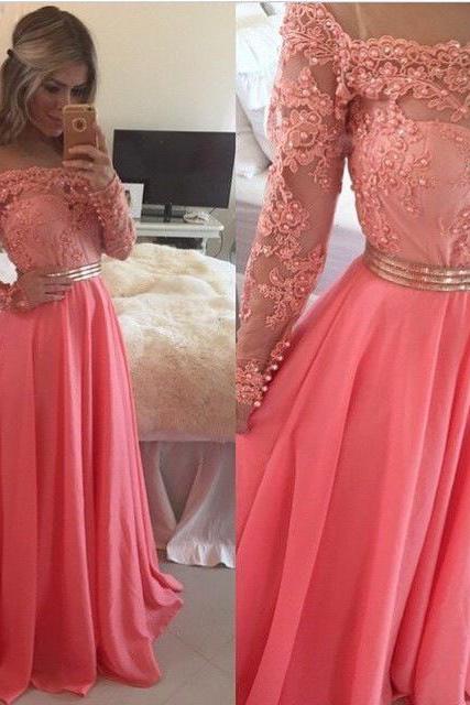 Elegant A-line Long Sleeves Coral Long Chiffon Prom Dress