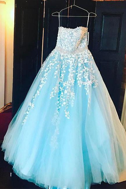 Beautiful Light Blue Applique Prom Dress,Strapless Tulle Long Prom Dresses,Blue Evening Dress