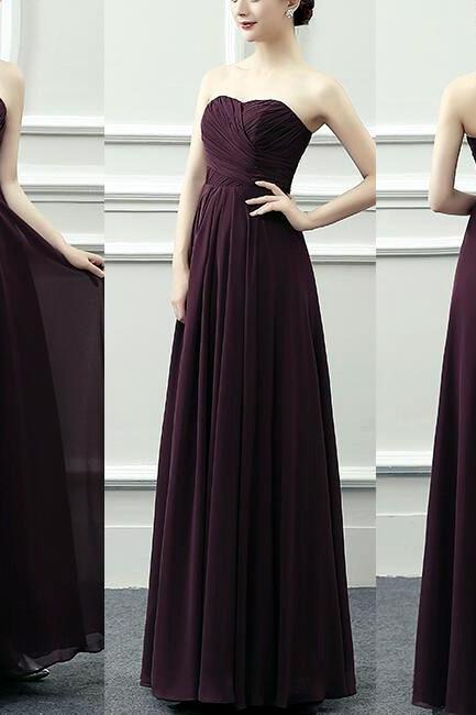 Beautiful Simple Maroon Sweetheart Chiffon Long Party Gowns, Prom Dresses Floor Length, Bridesmaid Dresses for Wedding 2018