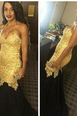 Slim Sexy Halter Gold Lace Appliques Mermaid Prom Dress New Black Skirts Long Evening Party Gowns robe de soiree Formal Long