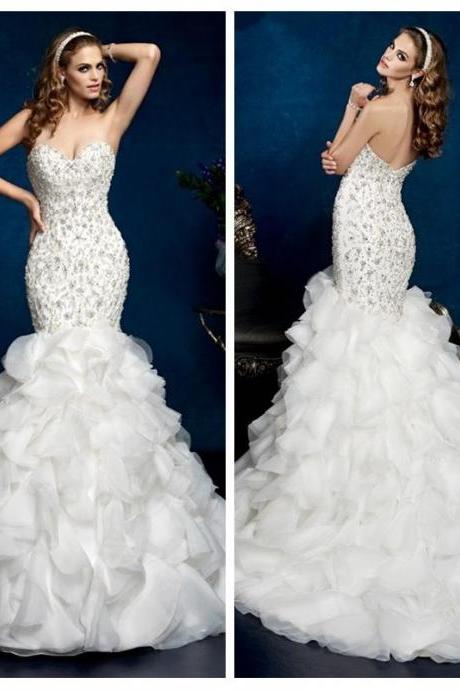Luxurious Beaded Crystal Full Mermaid Wedding Dresses Natural Slim Organza Ruffles Bridal Gowns Custom Made Vestidos De Novia