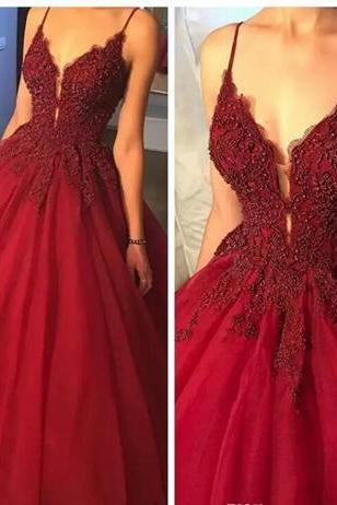 Dark Red Sexy Straps Spaghetti Long Prom Dresses Sleeveless Crystals Beading Puffy Tulle Evening Gowns Formal Long Party Dress