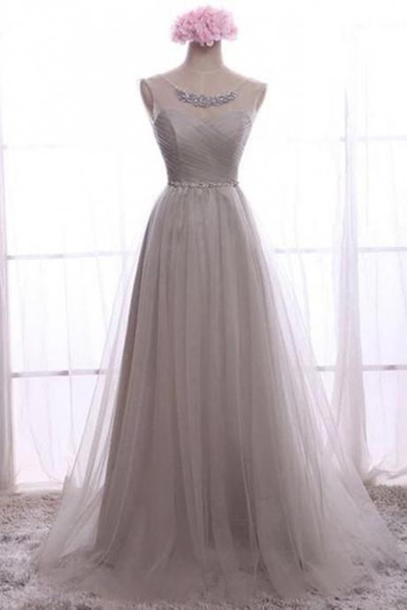 Gray tulle scoop neck beaded belt long evening dress, gray formal prom dress