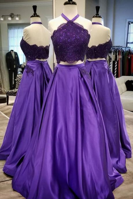 Purple satin two piece long backless prom dress, long lace homecoming dress