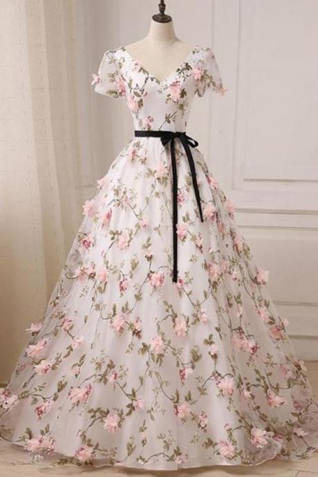 2018 Pink V-neck Long Cheap Beautiful Lace Short Sleeve Flowers Wedding Dresses