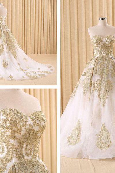 2016 Real Image Wedding Dresses Vestidos de Novia A-Line Golden Appliques Lace Up Wedding Dress Bridal Gowns