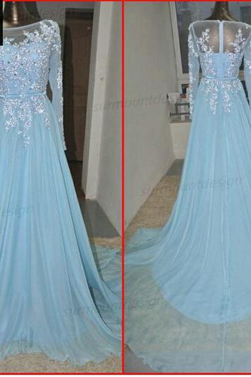 2016 Real Image Prom Dress Sexy Bling Sparkle Luxury Turquoise A-Line Sheer Bodice Illusion Long Sleeves Appliques Beads See-through Back Chiffon Long Formal Evening Party Gowns Vestidos