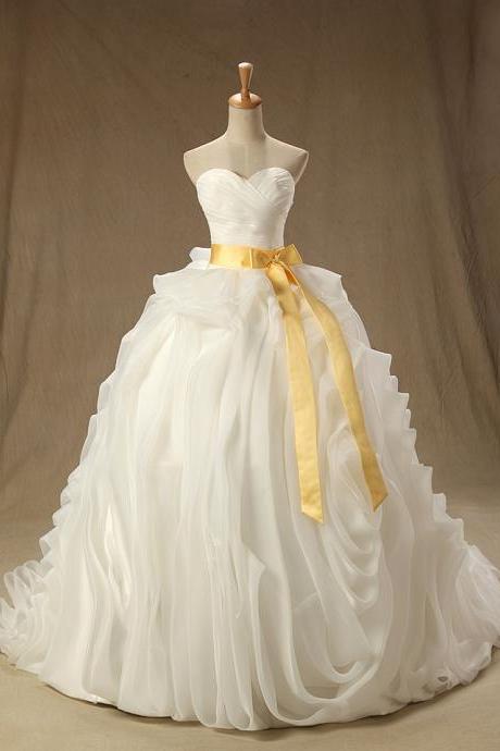 2016 Real Image Wedding Dresses Vestidos de Novia Sparkle White Ball Gown Lace Up Bow Sash Organza Ruched Wedding Dress Bridal Gowns