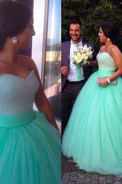 2015 Prom Dresses Princess Ball Gown Mint Sweetheart Pearls Tulle Long Formal Prom Party Gowns