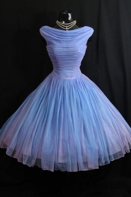 Vintage 1950s Short Tulle Dress with Boat Neckline and A-line Bodice - Homecoming Dress, Prom Dress, Evening Dress