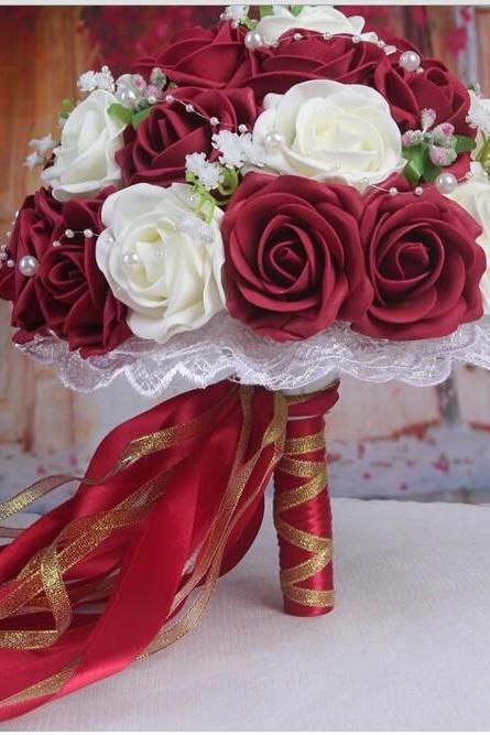 2015 Burgundy&amp;amp;white Handmade Flowers Decorative Artificial Rose Flowers Pearls Bride Bridal Lace Accents Wedding Bouquets