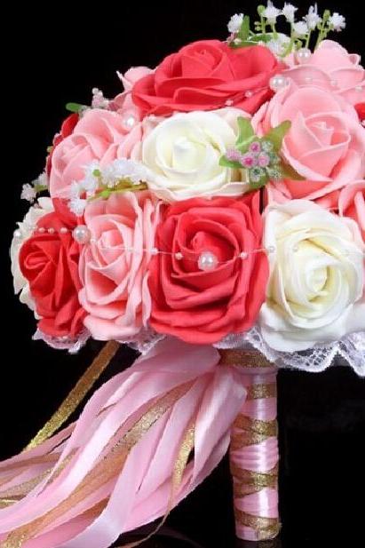 2015 Wedding Bouquet Pink/red/white Bridal Bridesmaid Flower Artificial Flower Rose Bouquet Bride Buque De Noiva