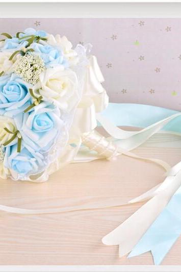 2016 Beautiful Blue Wedding Bouquet Bridal Bridesmaid Flower Wedding Bouquet Artificial Flower Rose Bouquet