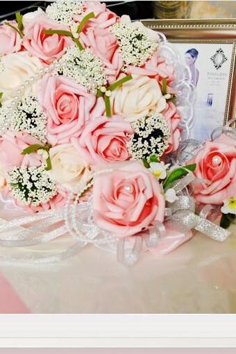 2016 Beautiful Pink Pearls Wedding Bouquet Bridal Bridesmaid Flower Wedding Bouquet Artificial Flower Rose Bouquet