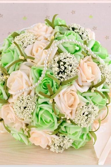 2016 Beautiful Green Wedding Bouquet Bridal Bridesmaid Flower Wedding Bouquet Artificial Flower Rose Bouquet