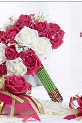 2016 Cheap Wedding Bouquet Bridal Bridesmaid Burgundy/Red Wine&White Colorful Artificial Flower Rose Bride Bouquets buque de noiva