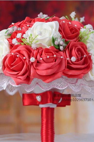 2016 Romantic White&amp;amp;red Bridal Bridesmaid Flowers Handmade Artificial Rose Wedding/bridesmaid Bouquets Bridal Accessory