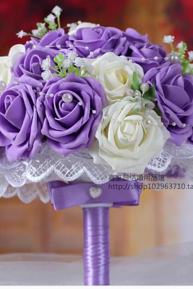 2016 Arrival Romantic Ivory&amp;amp;purple Bridal Bridesmaid Handmade Artificial Rose Wedding/bridesmaid Bouquets Accessory